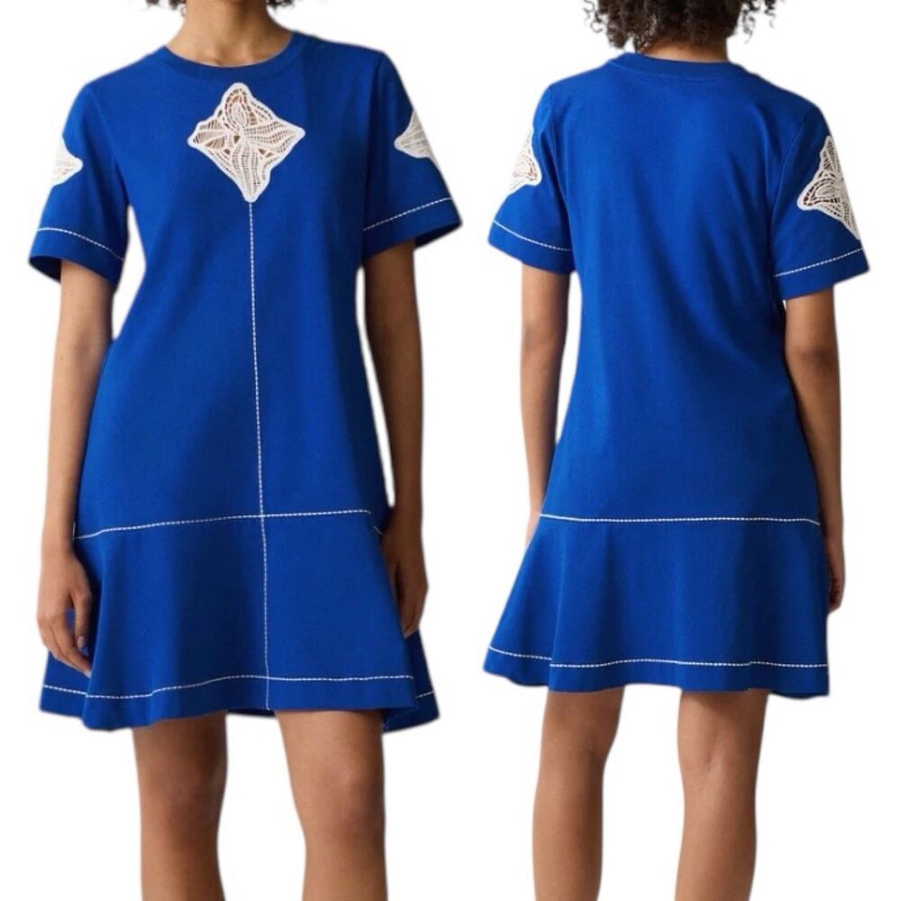 JIGSAW Crochet Short T Shirt Dress Cotton Blue Artisinal Luxury Resort Size XL